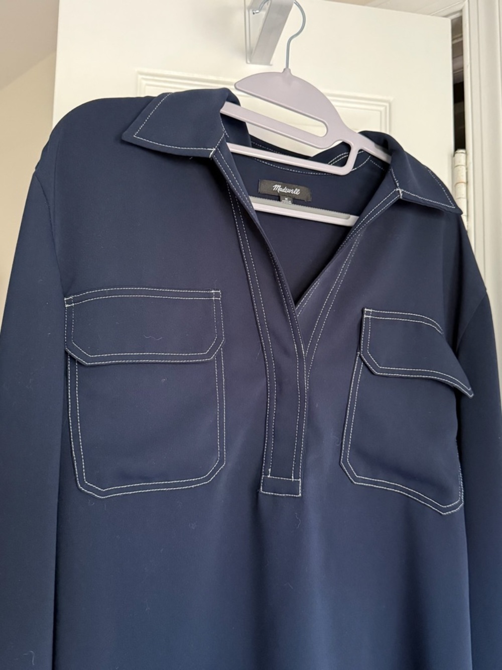 Madewell Blue Contrast Stitch Popover Long Sleeve Shirt Patch Pocket - Size M - Picture 5 of 9